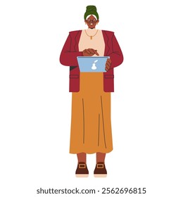 Confident businesswoman with a tablet. Modern entrepreneur working. Professional attire, technology use in business. Vector illustration.