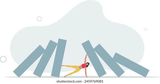 Selbstbewusste Geschäftsfrau verwendet seine Hand, um Domino fallen und Fuß zu stoppen, um andere zu stoppen.Flat Vektorillustration.