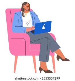 Confident businesswoman using laptop. A professional female in smart casual attire engages in work remotely from a comfortable chair. Vector illustration.