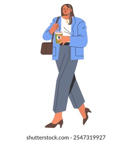 Confident businesswoman walking with coffee and briefcase. Professional female in smart casual attire, ready for workday challenges. Vector illustration.