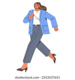 Confident businesswoman walking concept. Professional female executive strides forward, illustrating career progress and determination. Vector illustration.