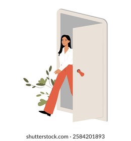 Confident Businesswoman Walking Through Open Door In Flat Vector Illustration Symbolizing Career Growth, Success, And New Opportunities, Isolated On White Background.