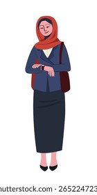 Confident businesswoman wearing hijab, formal attire, and shoulder bag, standing and checking time on watch, flat style on white background. Concept of punctuality. Vector illustration