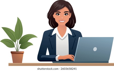 Confident businesswoman working on a laptop in a modern office. Represents professionalism, career success, and productivity in a corporate environment