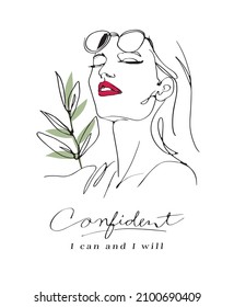 confident calligraphy slogan with girl line art illustration