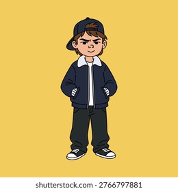 Confident cartoon boy in bomber jacket, backward cap, and streetwear style