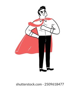 A confident cartoon character stands proudly with a red cape, embodying heroism and strength. This illustration captures the essence of courage and empowerment.