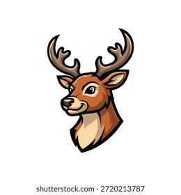 "Cabeza de ciervo de dibujos animados confiada con astas Grandes y sonrisa amistosa en vista lateral. Majestuosa ilustración de mascota de ciervo, Vector PNG escalable para logo, vida silvestre y diseño de naturaleza".