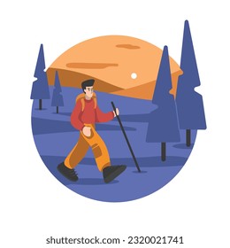 Confident cartoon guy walks with backpack and stick through woods in mountains. Character doing camping during vacation. Visiting sightseeing. Vector illustration