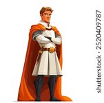 A confident cartoon knight in white armor and an orange cape stands with arms crossed, exuding bravery and leadership. Young handsome prince in cloak. Vector illustration