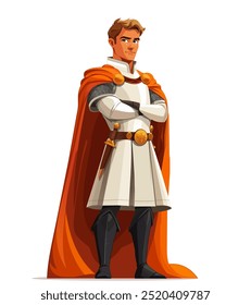 A confident cartoon knight in white armor and an orange cape stands with arms crossed, exuding bravery and leadership. Young handsome prince in cloak. Vector illustration