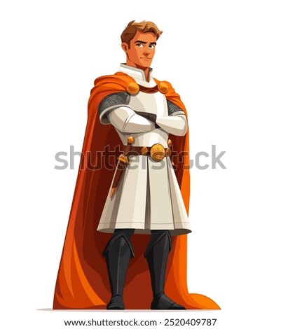 A confident cartoon knight in white armor and an orange cape stands with arms crossed, exuding bravery and leadership. Young handsome prince in cloak. Vector illustration