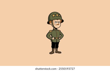 Confident cartoon military officer in uniform with helmet.