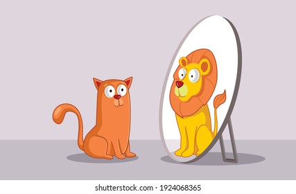 Confident Cat Looking in the Mirror Seeing a Lion. Motivational kitty feeling strong and believing in personal growth
