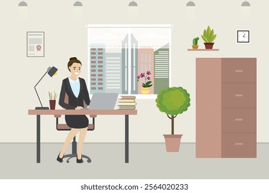 Confident caucasian business woman on workplace in modern business office. Office with furniture and plants. Workflow, flat vector illustration