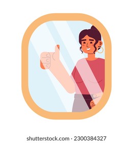 Confident caucasian woman showing thumb up in mirror reflection semi flat colorful vector character. Editable half body person on white. Simple cartoon spot illustration for web graphic design