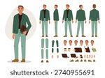 Confident CEO, top manager vector illustration. Customizable character with body parts, postures, poses collection. Front, side, back view. 