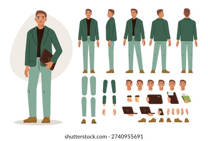 Confident CEO, top manager vector illustration. Customizable character with body parts, postures, poses collection. Front, side, back view. 