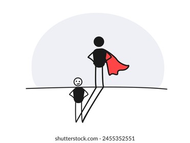 Confident character with superhero shadow and red cape. Vector illustration for confidence, ambition, leadership, success