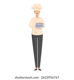 Confident chef is holding a bowl of soup, ready to serve