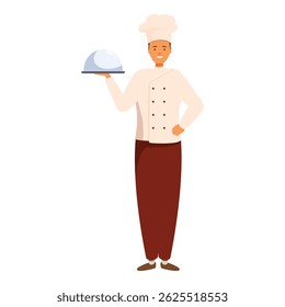 Confident chef holding a silver serving tray, ready to present culinary creations in a professional kitchen setting