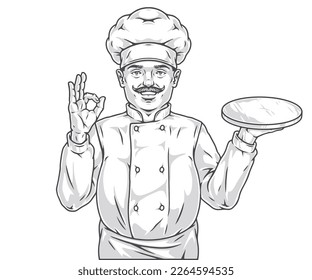 Confident chef man monochrome emblem with cafe owner looking at screen showing OK gesture and holding empty tray vector illustration