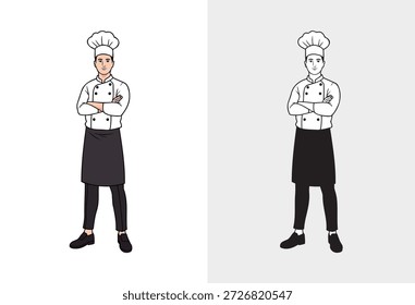 A confident chef in a white jacket, chef hat, and black apron stands with arms crossed, exuding professionalism and readiness. Ideal for culinary, restaurant, and cooking-related contexts.