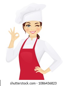 Confident chef woman gesturing ok sign vector illustration