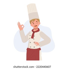 Confident chef woman gesturing ok sign. Happy smiling female restaurant worker in hat and apron with OK sign. vector illustration