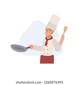 Confident chef woman holding pan is cooking food. Flat vector illustration