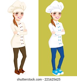 Confident chef woman standing with arms crossed wearing cooking uniform, jeans and sneakers in two different color versions