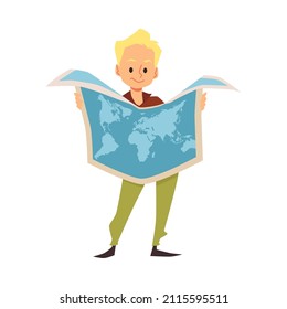 Confident child boy looks at world map, geography lesson concept, flat vector illustration isolated on white background. Kids education and home schooling.