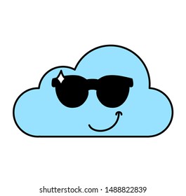 Confident cloud emoji outline illustration. Cool emoticon with sunglasses. Social media sticker