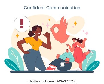 Confident communication concept. An animated portrayal of self-assurance and lively interaction among individuals. A symphony of assertive gestures and expressions. Vector illustration.