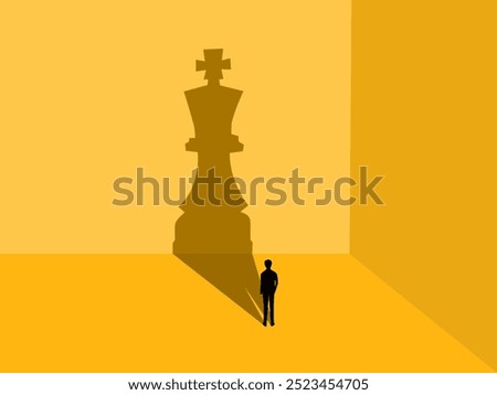 Confident concept. Businessman with the shadow of the chess king