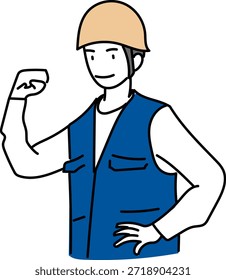 Selbstbewusster Bauarbeiter, der seinen Arm mit Helm und Arbeitsweste biegt