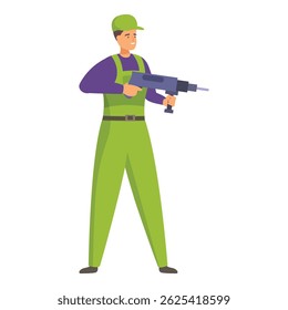 Confident construction worker in green overalls, holding a powerful drill, ready to tackle any construction project