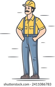 Confident construction worker with yellow hard hat and suspenders. Friendly male engineer standing vector illustration.