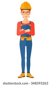 Confident constructor standing with arms crossed vector flat design illustration isolated on white background. Vertical layout.
