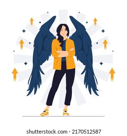 Confident cool business woman feeling satisfied, glad, stand with folded arms, standing with angel wings and high self esteem with proud smile concept illustration