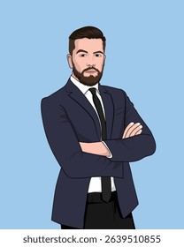 Confident corporate beard professional man with a black suit and tie cartoon vector illustration