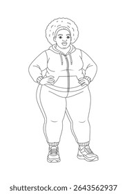Confident curvy woman in sportswear standing with hands on hips. Black and white line art illustration for coloring books, body positivity themes, fitness, diversity, and self-love concepts.