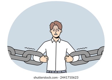 Confident decisive businessman break chain get free from credit or bank loan. Angry male employee holding chain receive freedom from financial slavery. Vector illustration.