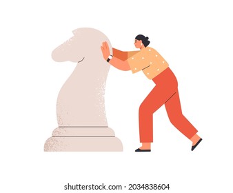 Confident determined person moving horse, chess piece forward to goal. Business strategy concept. Ambitious woman with strategic thinking. Flat vector illustration isolated on white background