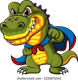 Confident dinosaur superhero in a blue cape of illustration