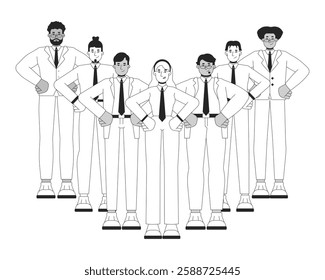 Confident diverse group of professionals black and white 2D line characters. Leadership, teamwork. Corporate unity. Business leaders isolated vector outline people. Monochromatic spot illustration