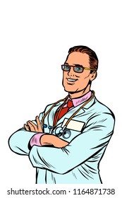 Confident doctor. Medical profession. Pop art retro vector illustration vintage kitsch