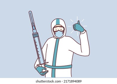 Confident doctor in protective uniform holding injection showing thumb up. Happy medical worker with syringe ready for people vaccination. Medicine, healthcare. Vector illustration. 