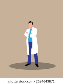 Confident Doctor Standing in Medical Gown Flat Style. Health care and medicine concept vector art
