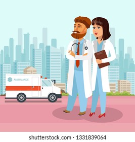 Confident Doctors at Hospital Flat Illustration. Nurse, Paramedic Cartoon Characters Walking. Clinic Back Yard. Ambulance, Healthcare and Medicine Vector Drawing. Professional, Specialist in Uniform